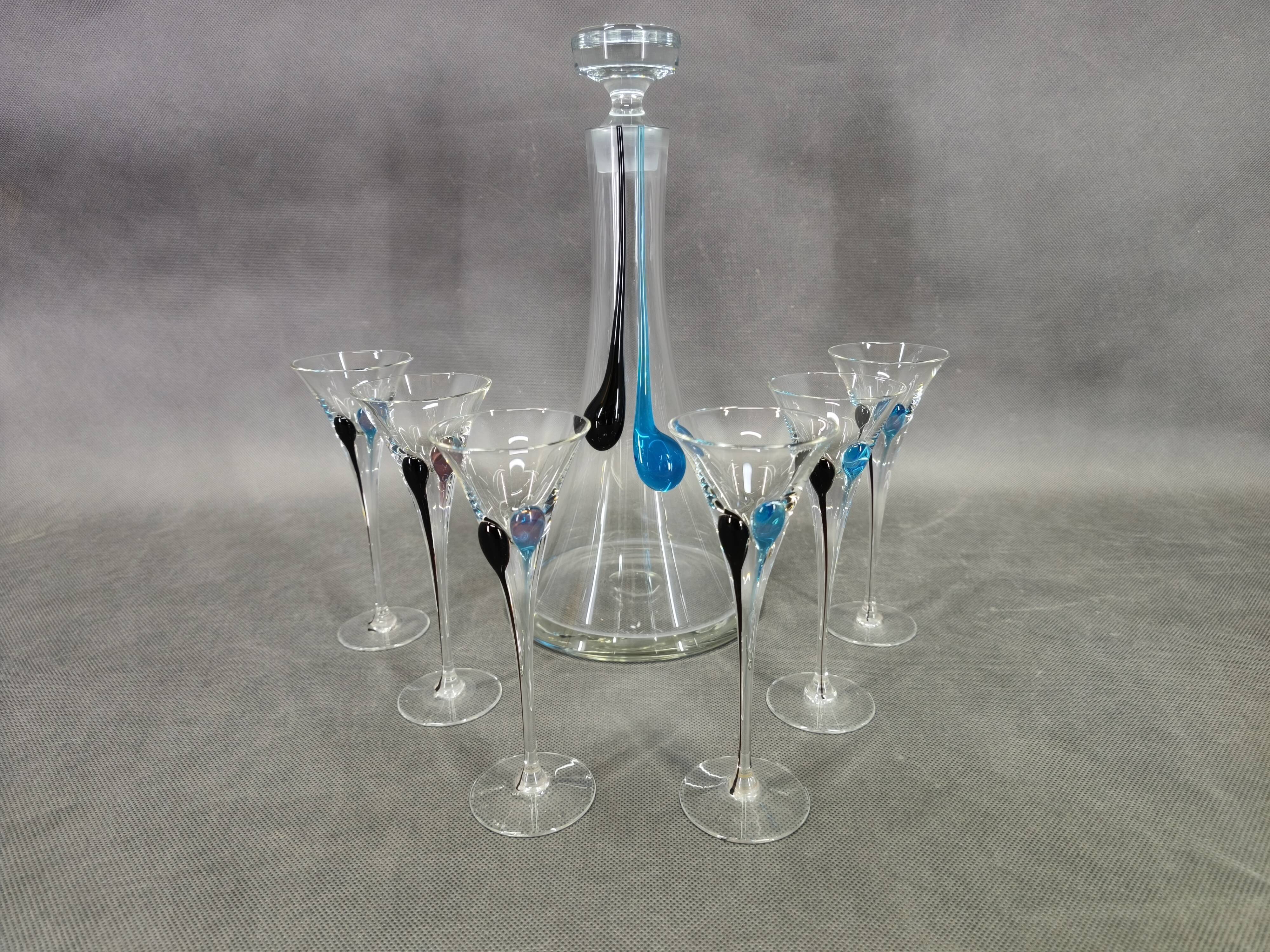 Hand-blown crystal carafe Bohemian Crystalex and a set of six glasses, 1990s.