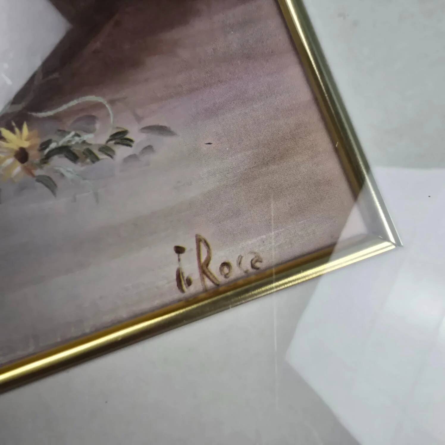 Vintage frame bouquet of flowers signed Roca – Decorative print under glass