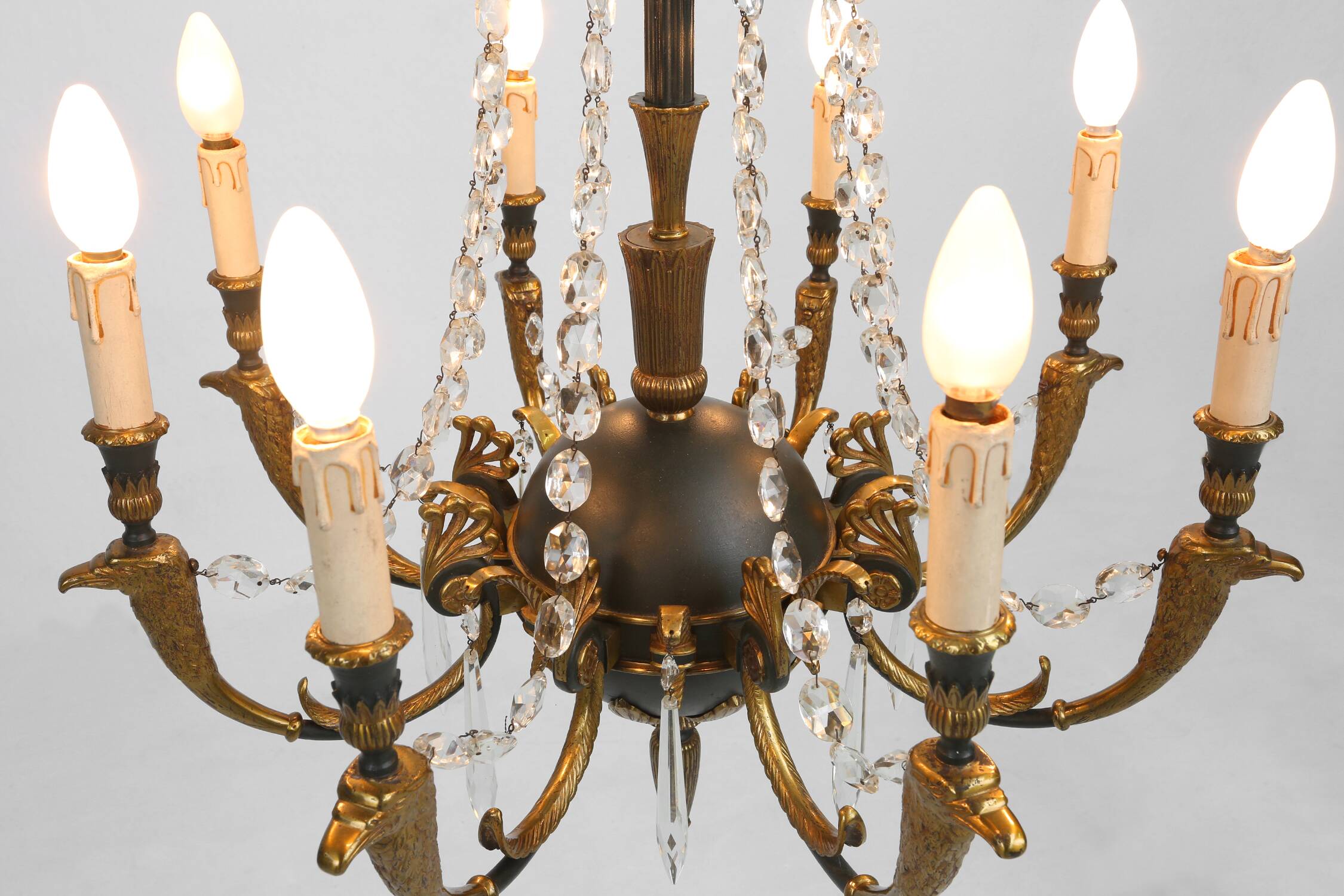 Impressive set of a large bronze Empire Chandelier with 2 wall lights, Belgium ca. 1950