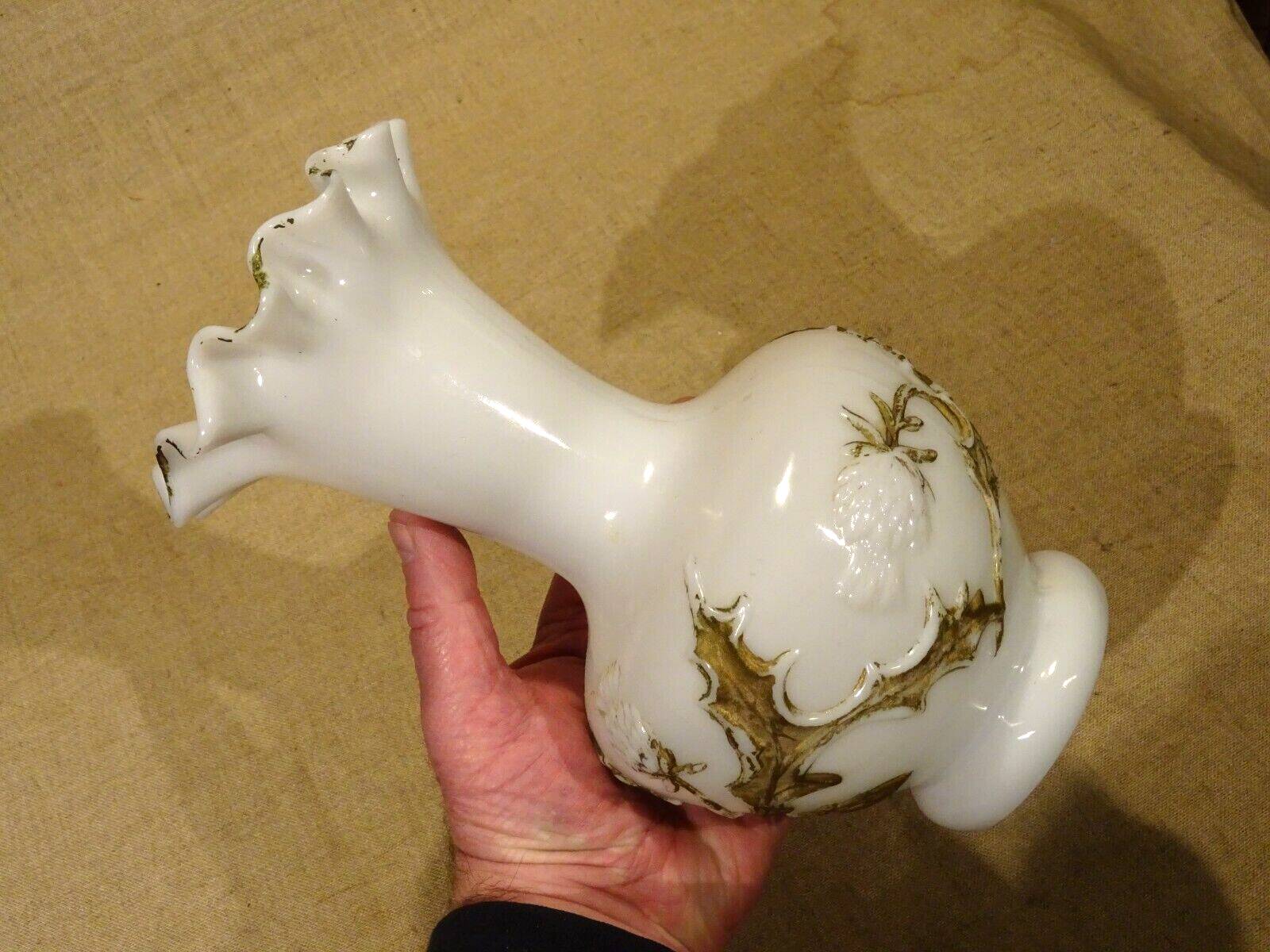 Old white opaline vase decorated with thistles in painted relief 23.6 cm high