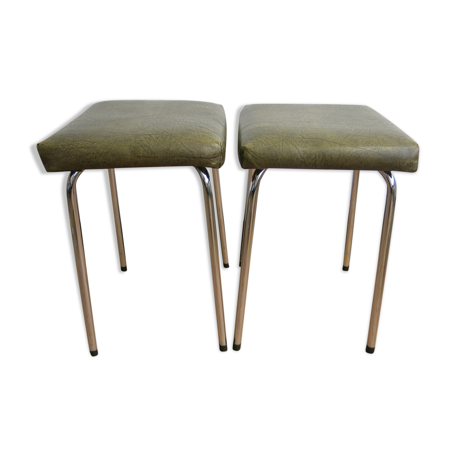 Duo of vintage stools in chrome and green skai