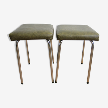 Duo of vintage stools in chrome and green skai