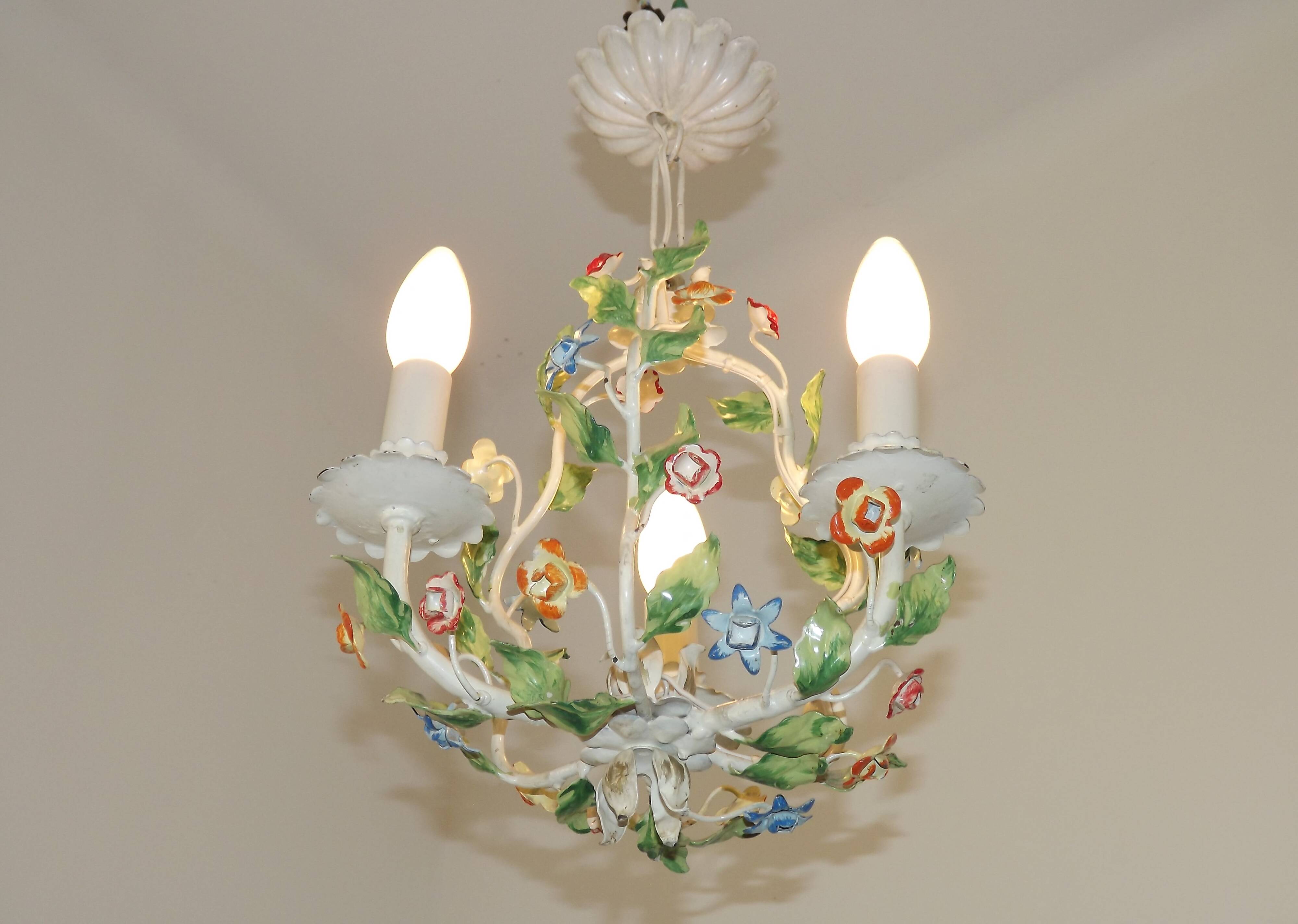 Romantic Vintage Italian Metal 3 Light Cage Chandelier Circa 1930s/40s