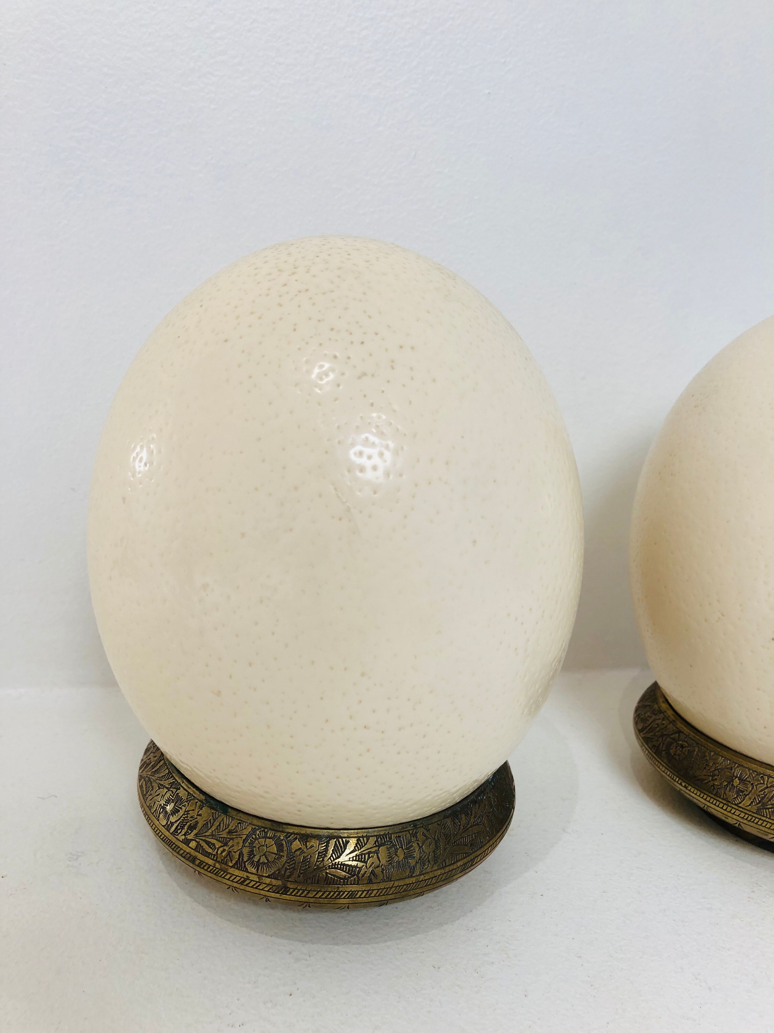 Pair of ostrich eggs on base, early 20th