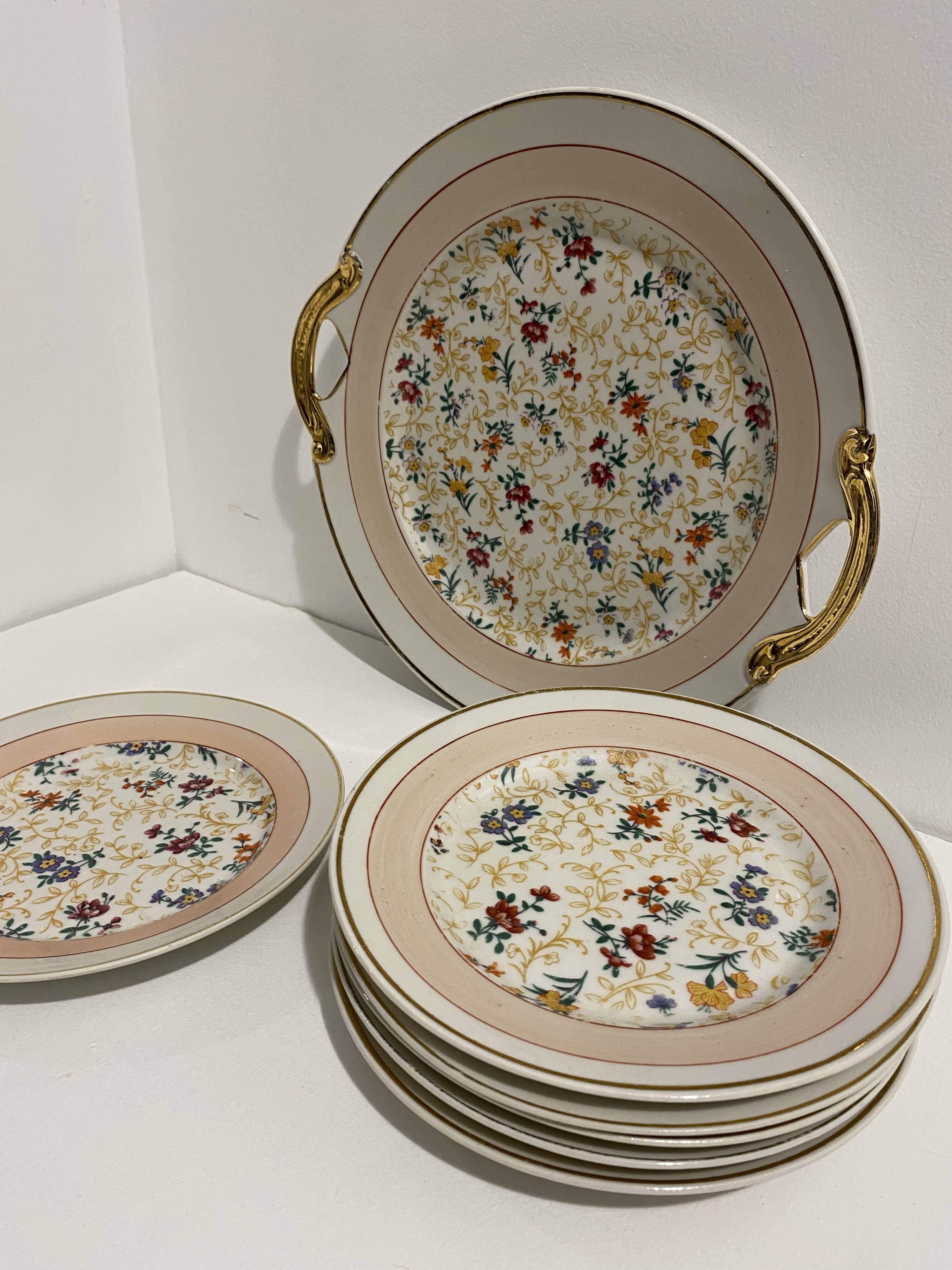 Dessert service, cake service, flowers and gilding, 6 plates and a vintage pie dish.