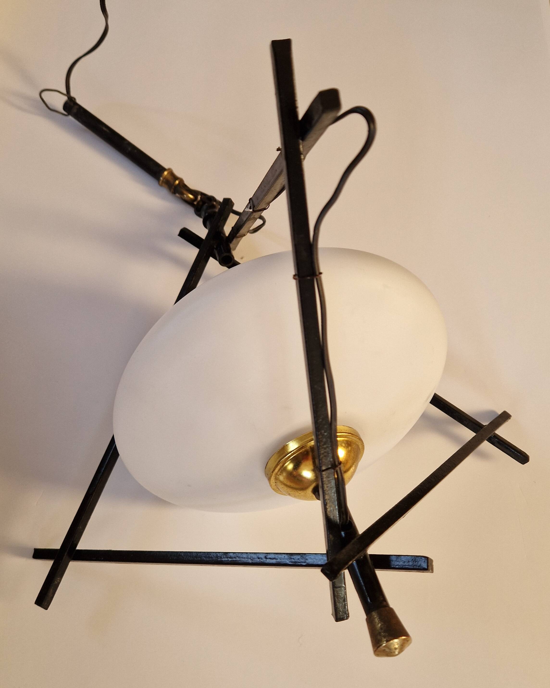 Opaline and metal triangular pendant light from Maison Lunel, 1950