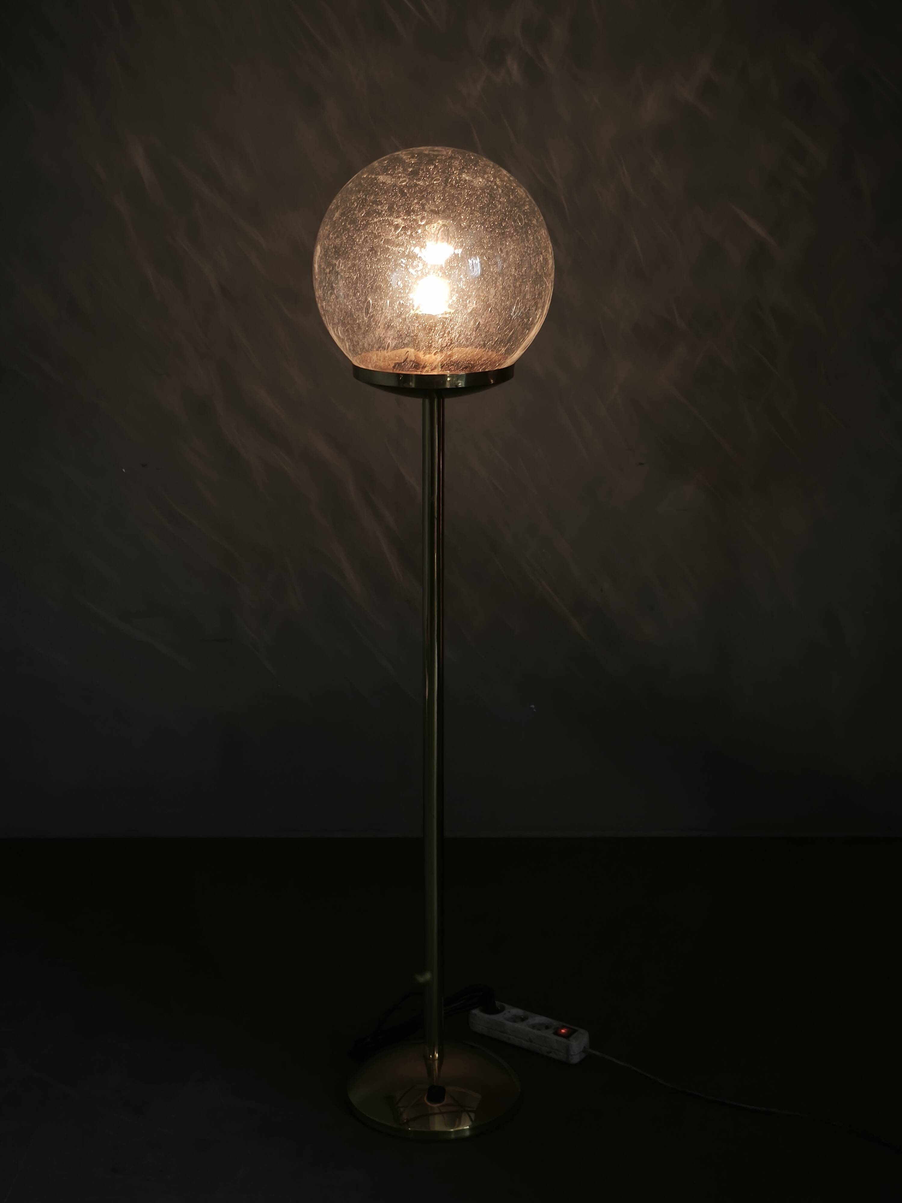 Space Age Bubble Glass and Brass Floor Lamp, Czechoslovakia, 1970s