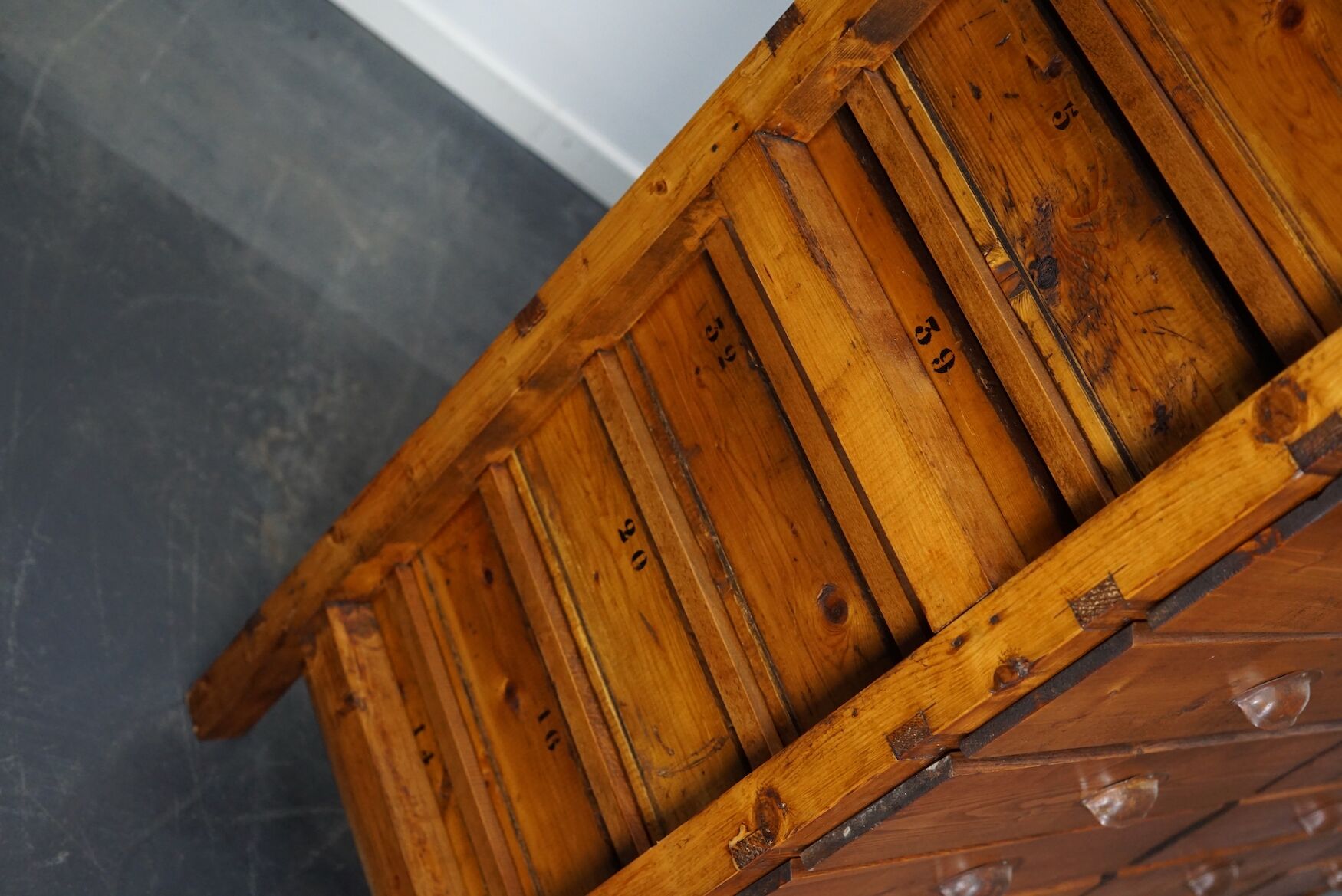 Dutch pine industrial apothecary cabinet, 1950s