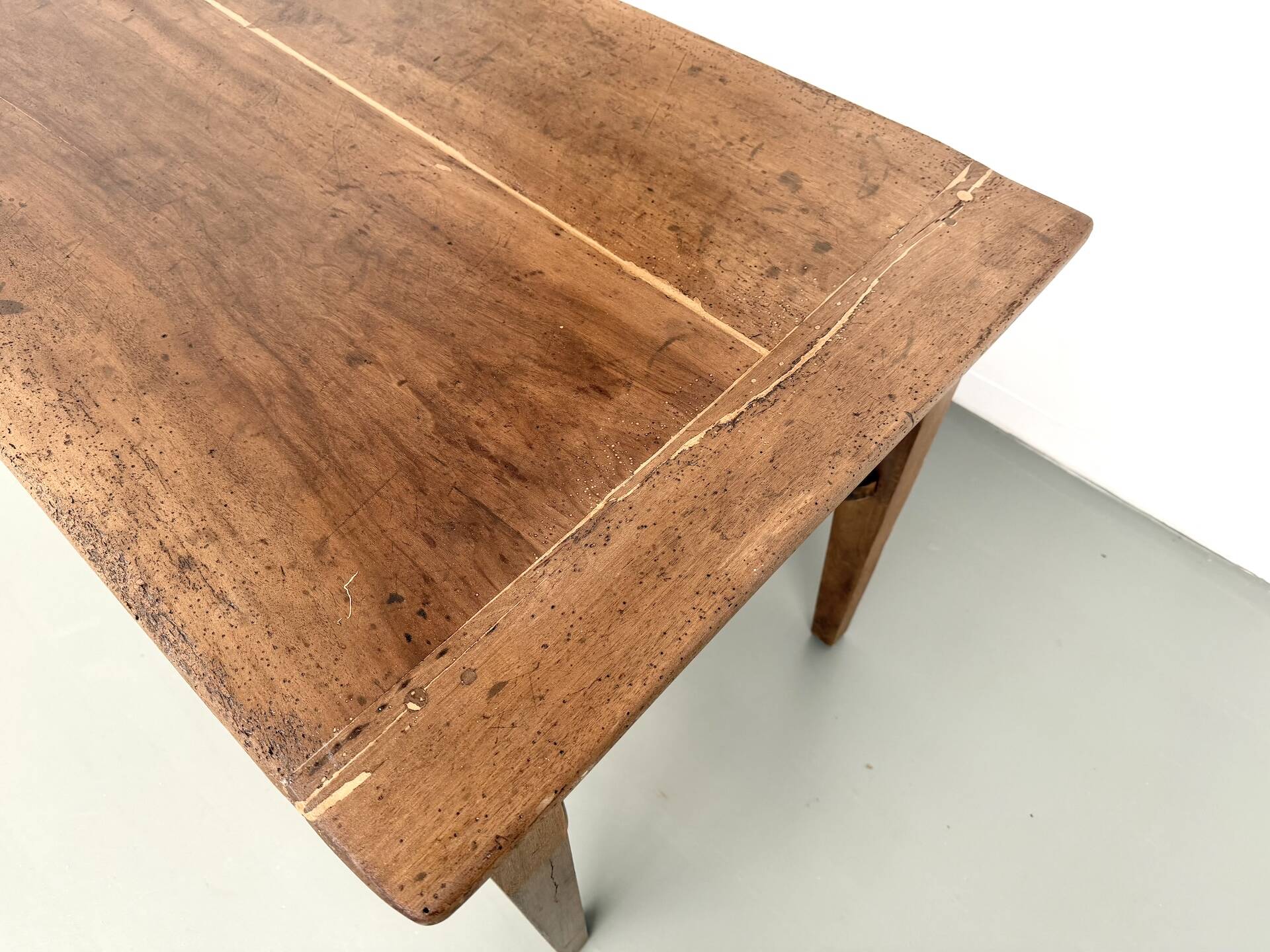 Farm table, old solid oak dough trough, France, around 1920.
