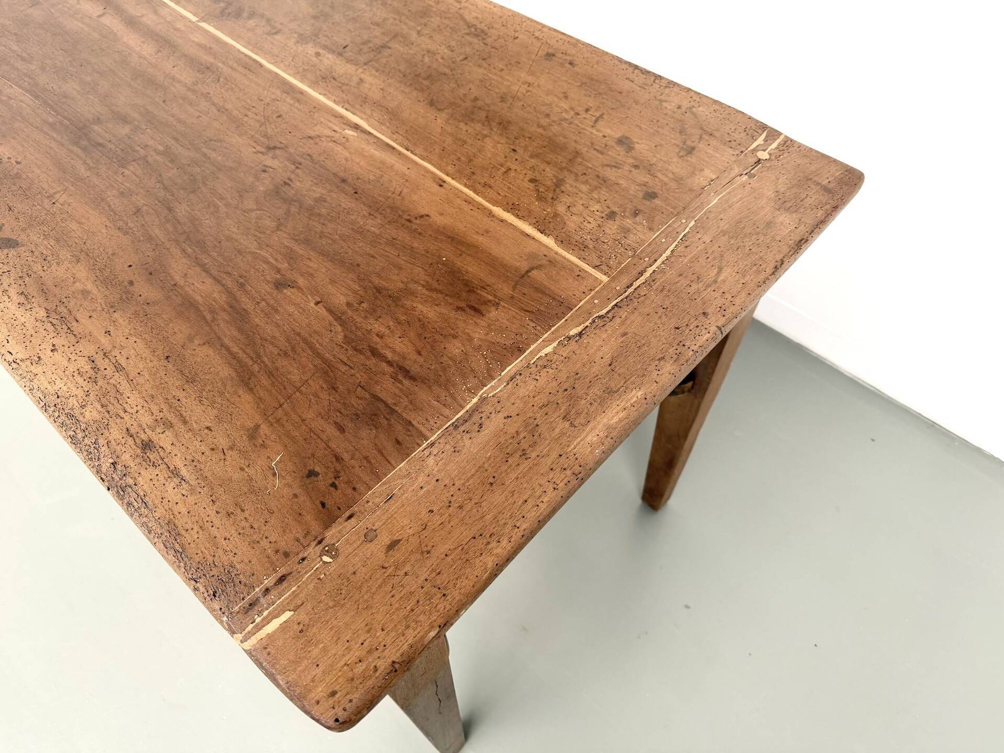 Farm table, old solid oak dough trough, France, around 1920.