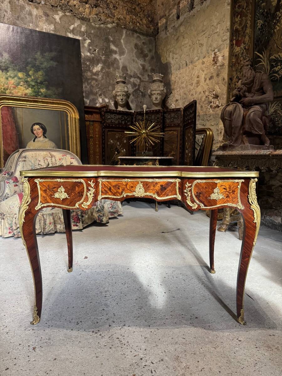 Louis XV style flat desk with marquetry from the Napoleonic III period.