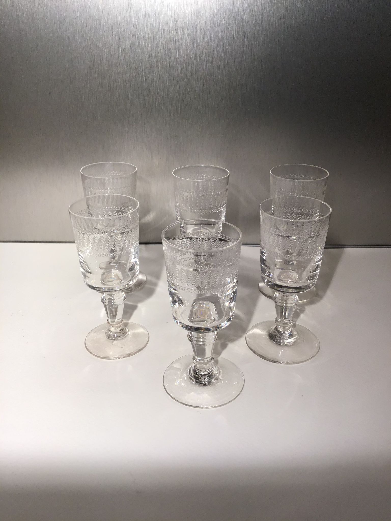 Set of 6 liqueur glasses, engraved, early 20th century