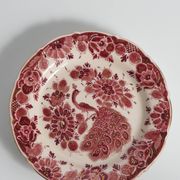 Regina Gouda Delft Hand-Painted Plate Red Peacock & Floral Motif Holland, 1950s