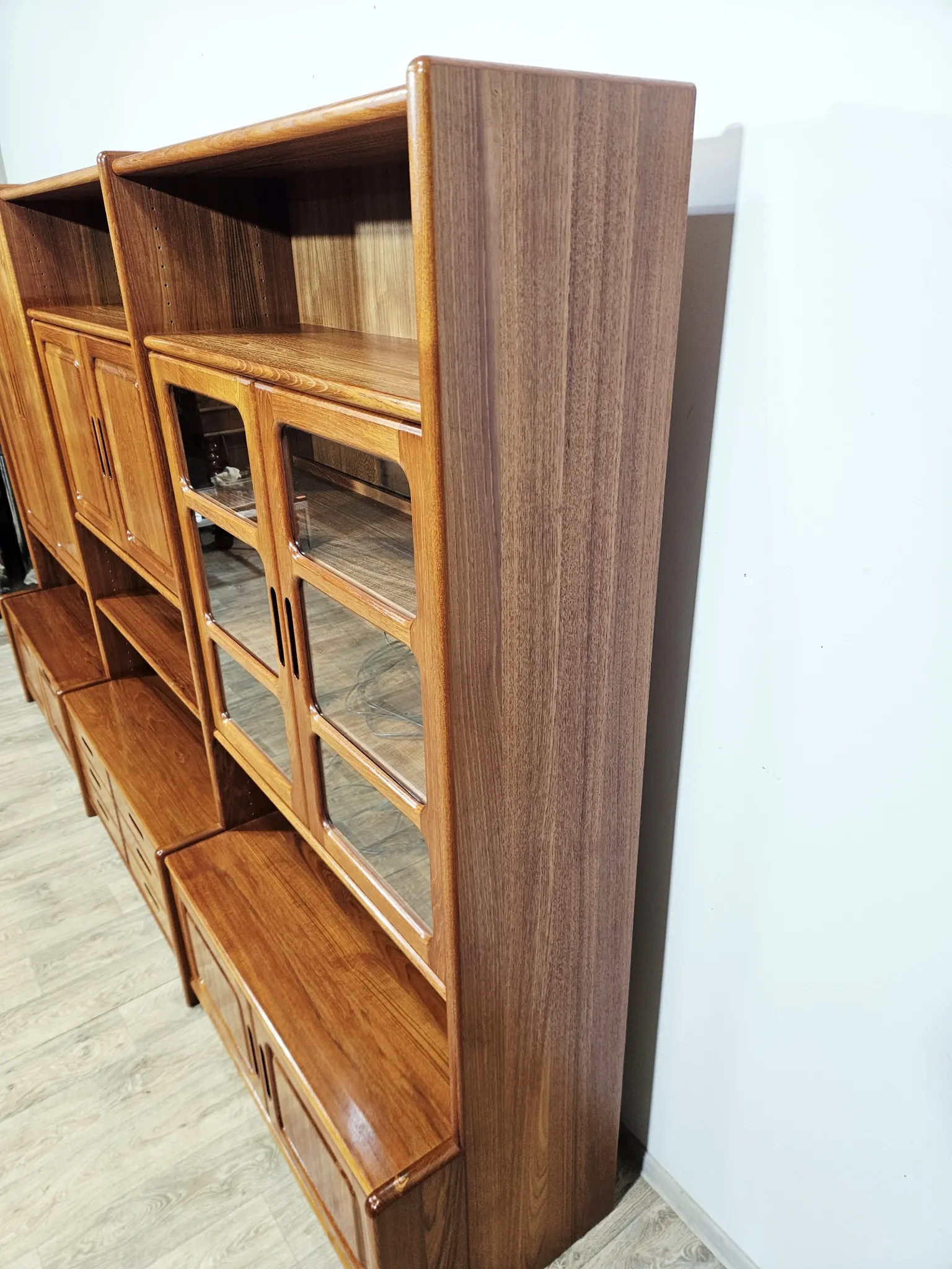 Multifunctional, modular shelving unit/wall system, teak, Denmark, 60s/70s