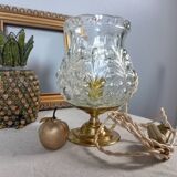 Brass foot table lamp, transparent textured molded globe, art deco style
