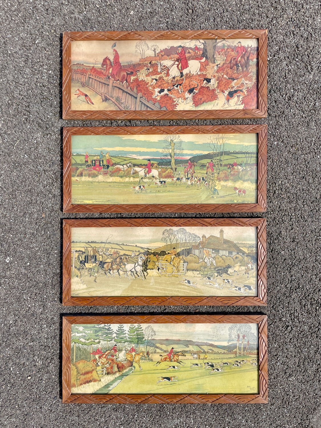 Lot 4 antique prints 1930 art deco signed Harry Eliott hunting scenes