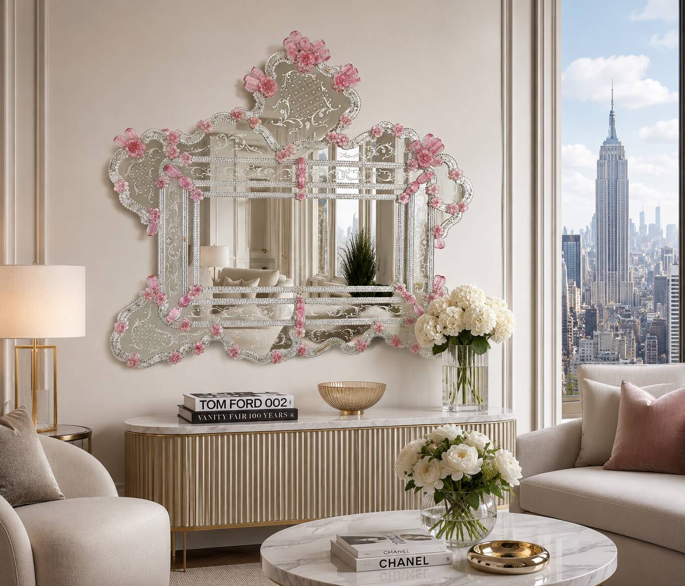 Exceptional Extra Large Size Vintage Pink Murano Glass Wall Mirror, 1950s