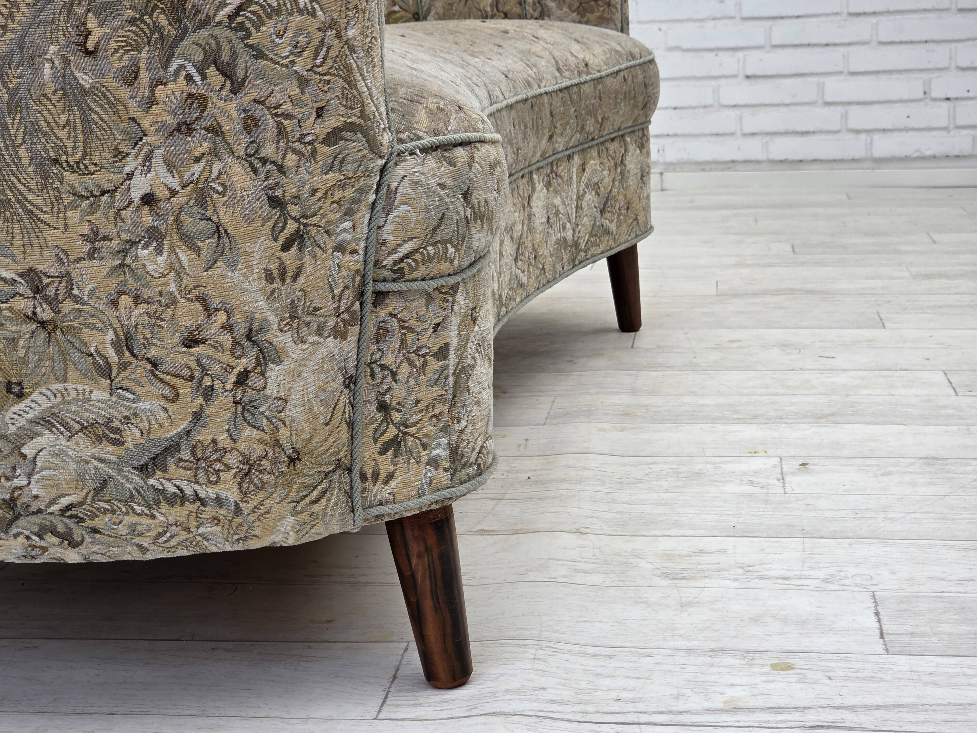 1970s, Danish 3 seater curved sofa, original multicolor furniture fabric.