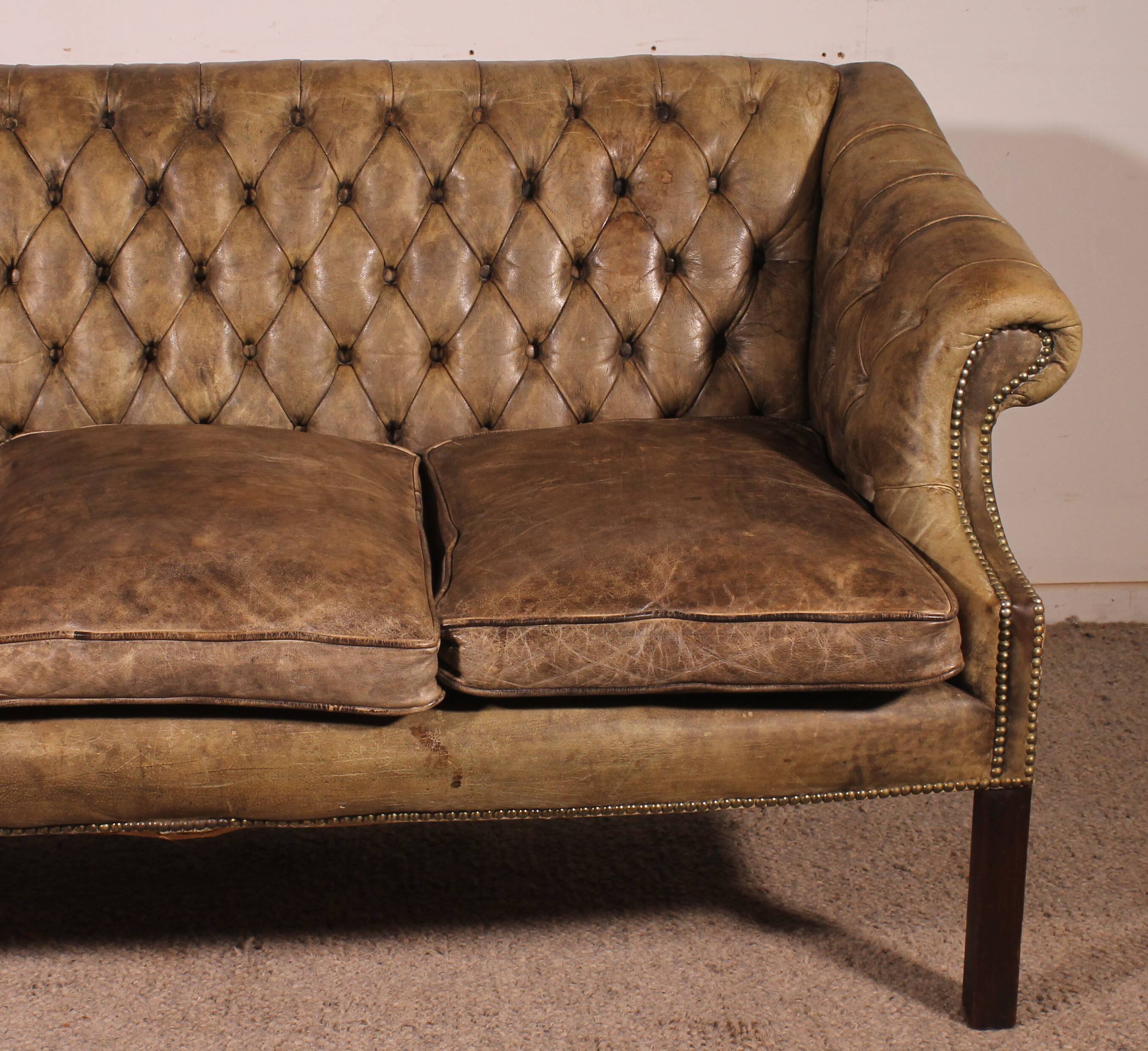 3-seater chesterfield in light olive green leather