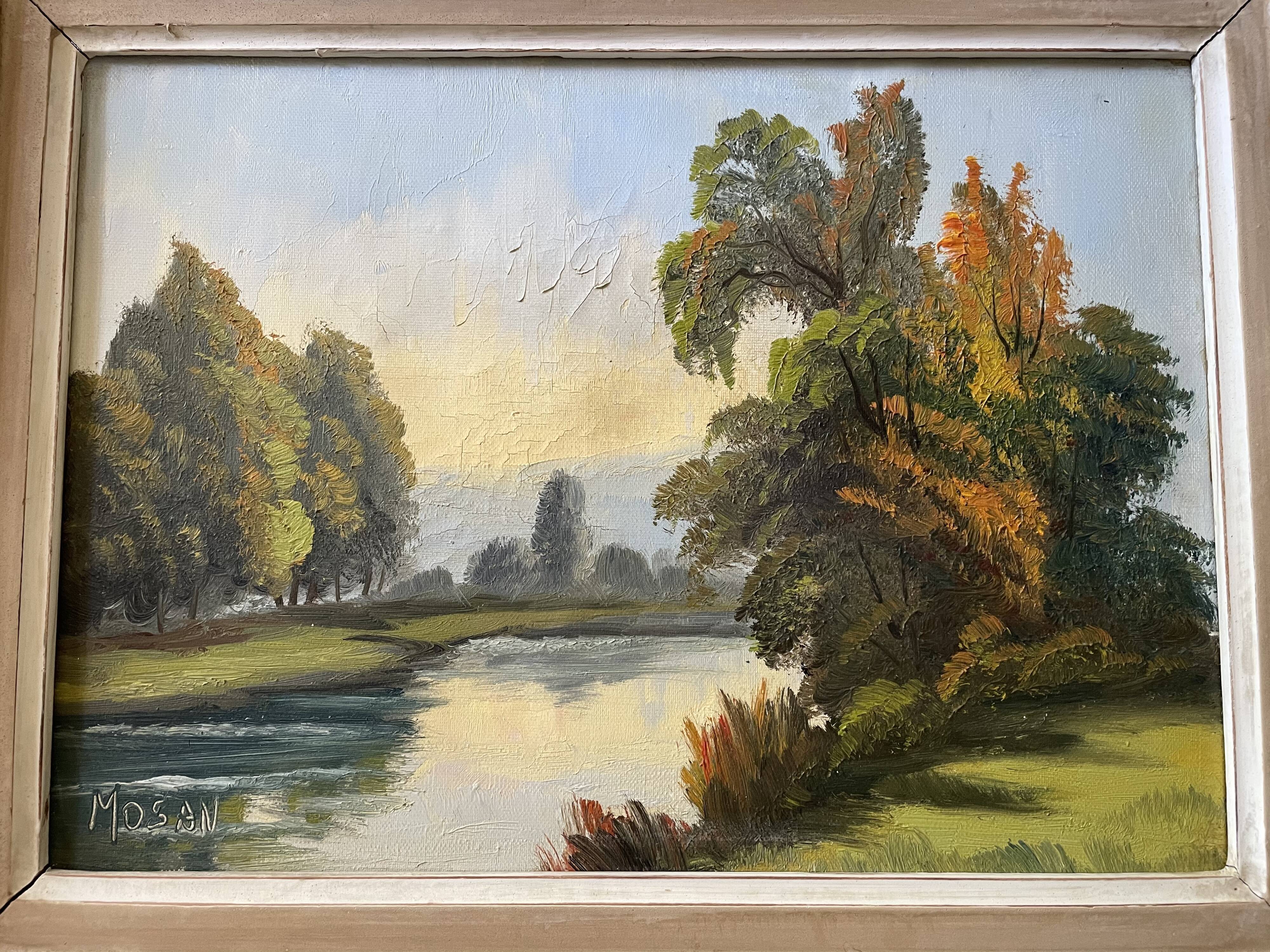Oil on canvas framed river landscape