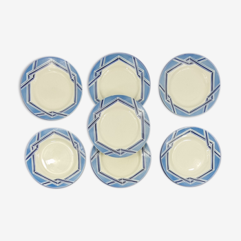 7 assiettes plates art déco bleu terre de fer creil montereau