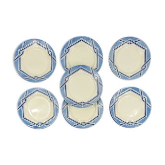 7 small plates flat art deco blue iron earth Creil Montereau