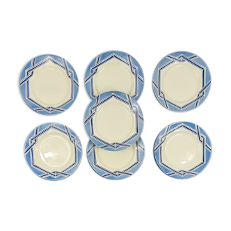 7 assiettes plates art déco bleu terre de fer creil montereau