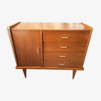Commode à 4 tiroirs et 1 porte vintage en bois des années 50