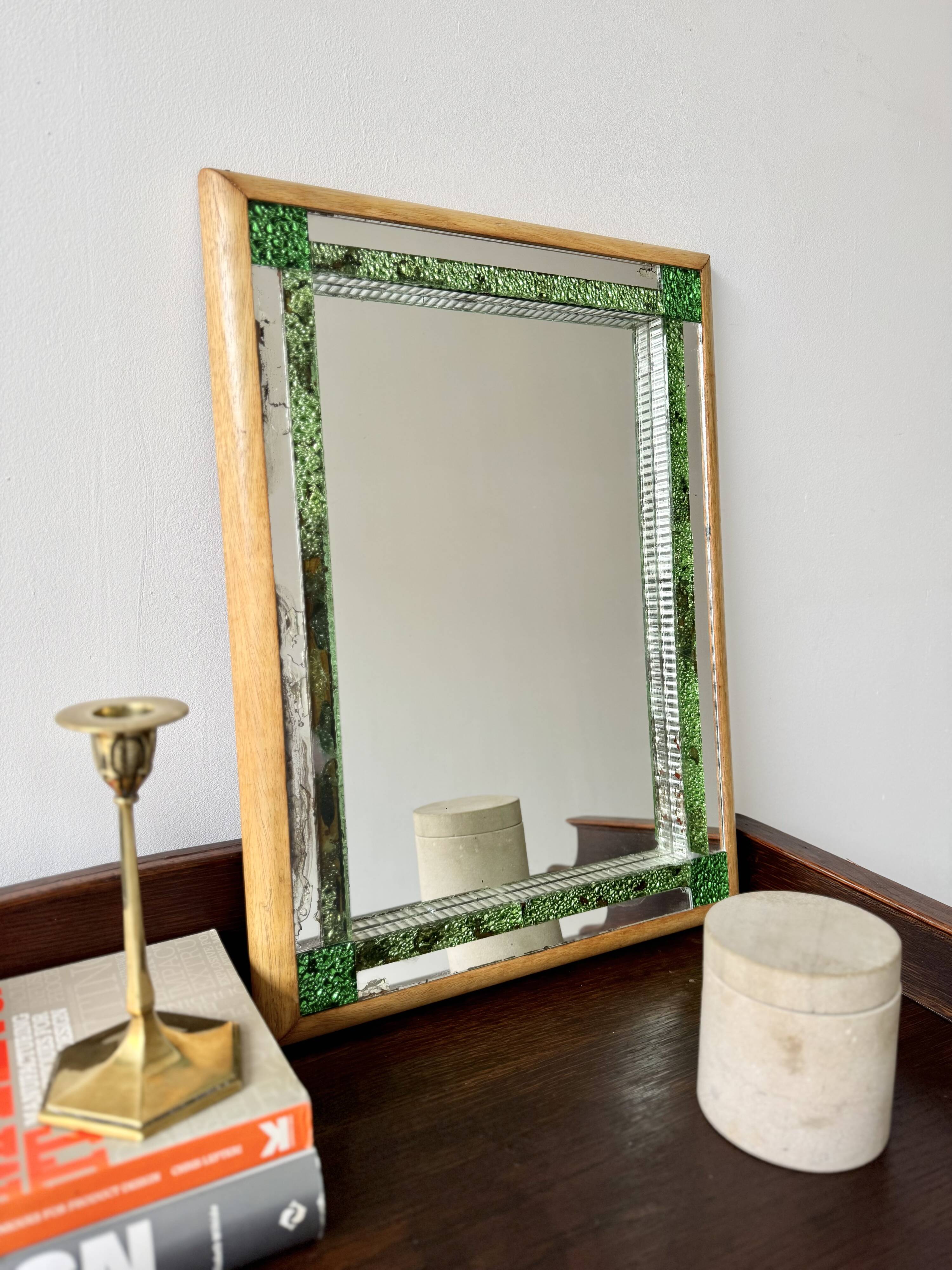 Vintage Rectangular Mirror with Green Glass