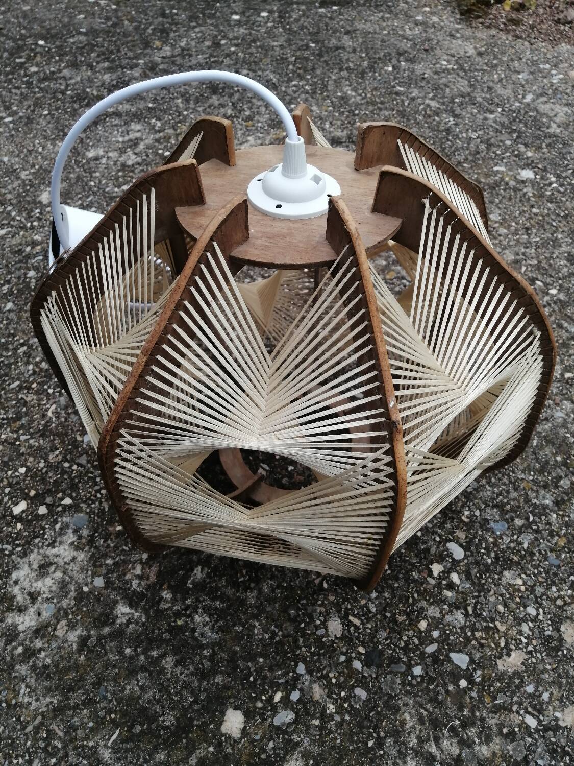 Pair of vintage wooden and rattan straw pendant lights.