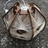 Pair of vintage wooden and rattan straw pendant lights.