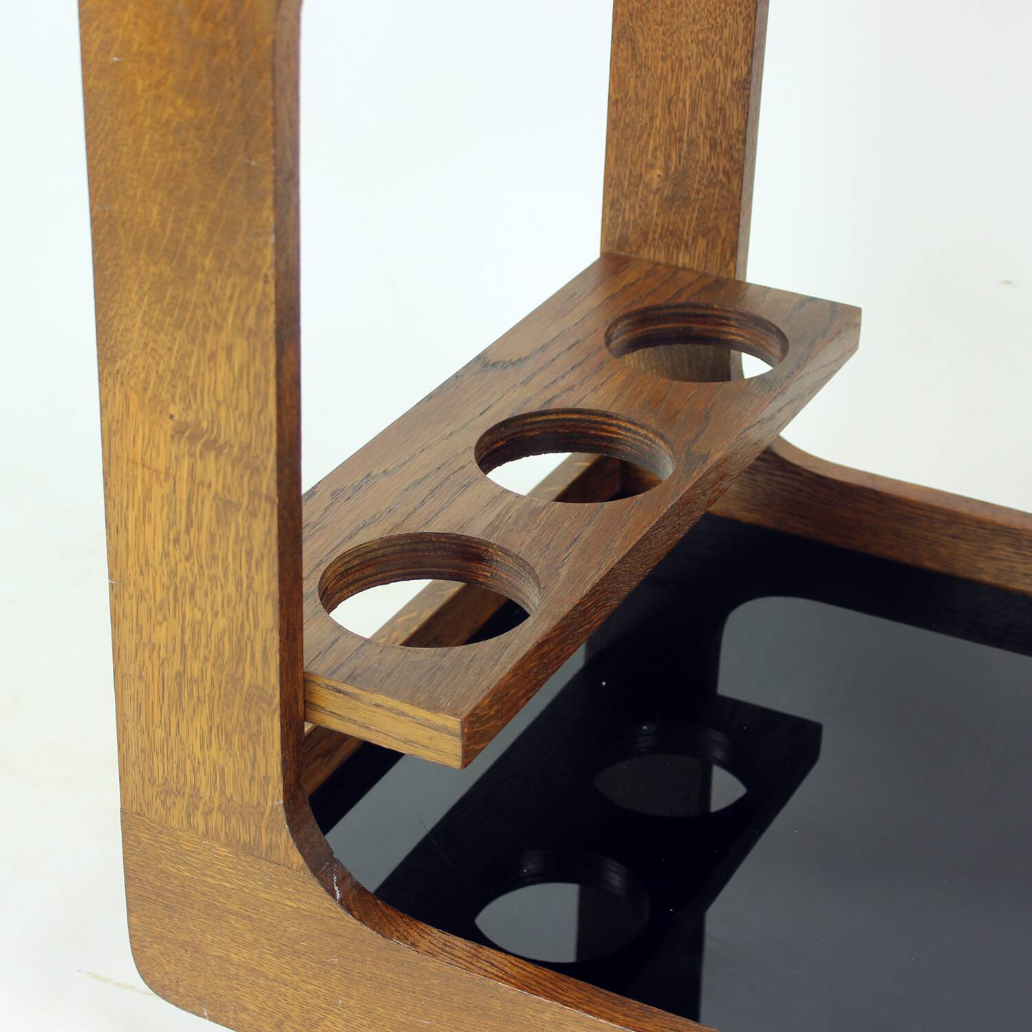 Mid Century Modern Wooden Bar Cart With Black Opaline Glass, 1960s