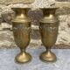 Pair of embossed brass bud vases stamped 17 cm