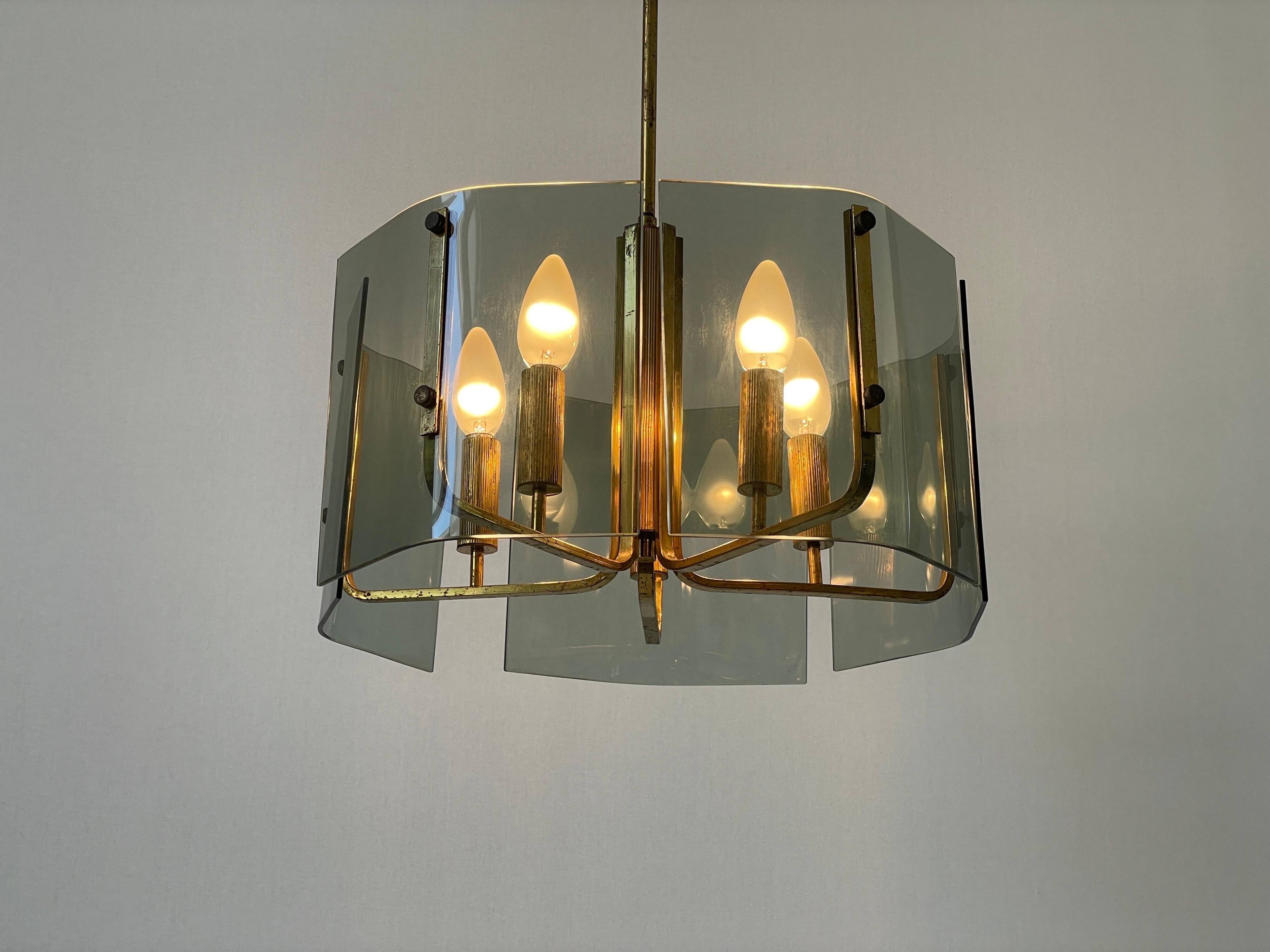 Grey glass chandelier with a brass body, 1960, Italy