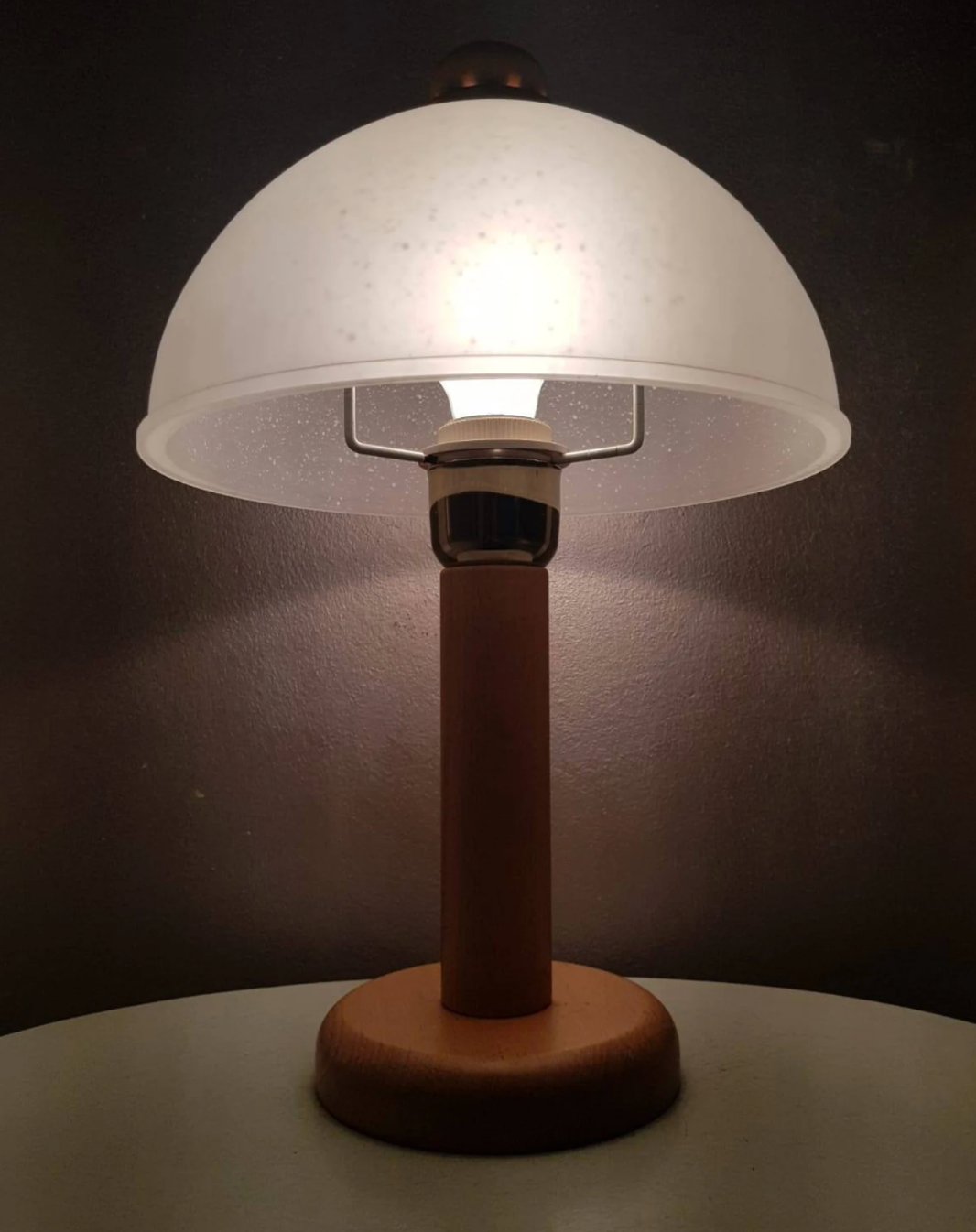 Vintage wooden table lamp with glass lampshade, 80s