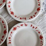 4 vintage porcelain dessert plates with red border and breakfast motif