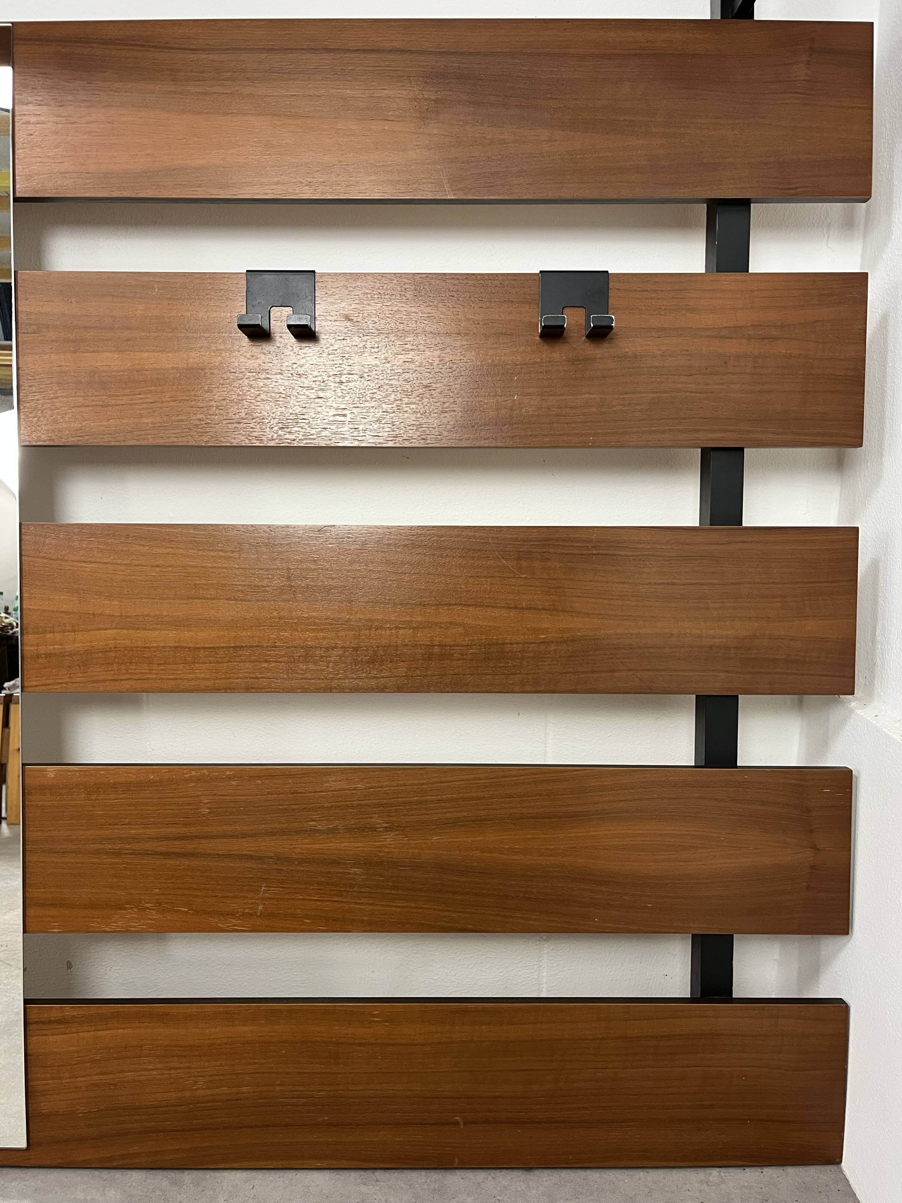 Teak wall coat rack and mirror, 60s, cloakroom