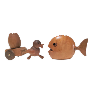 Two door peaks aperitif zoomorphic fish bird solid wood vintage design