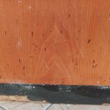 Workshop furniture with drawers and curtain in beech and walnut.