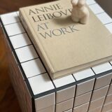 Checkerboard cube bedside table tiled white retro black tile