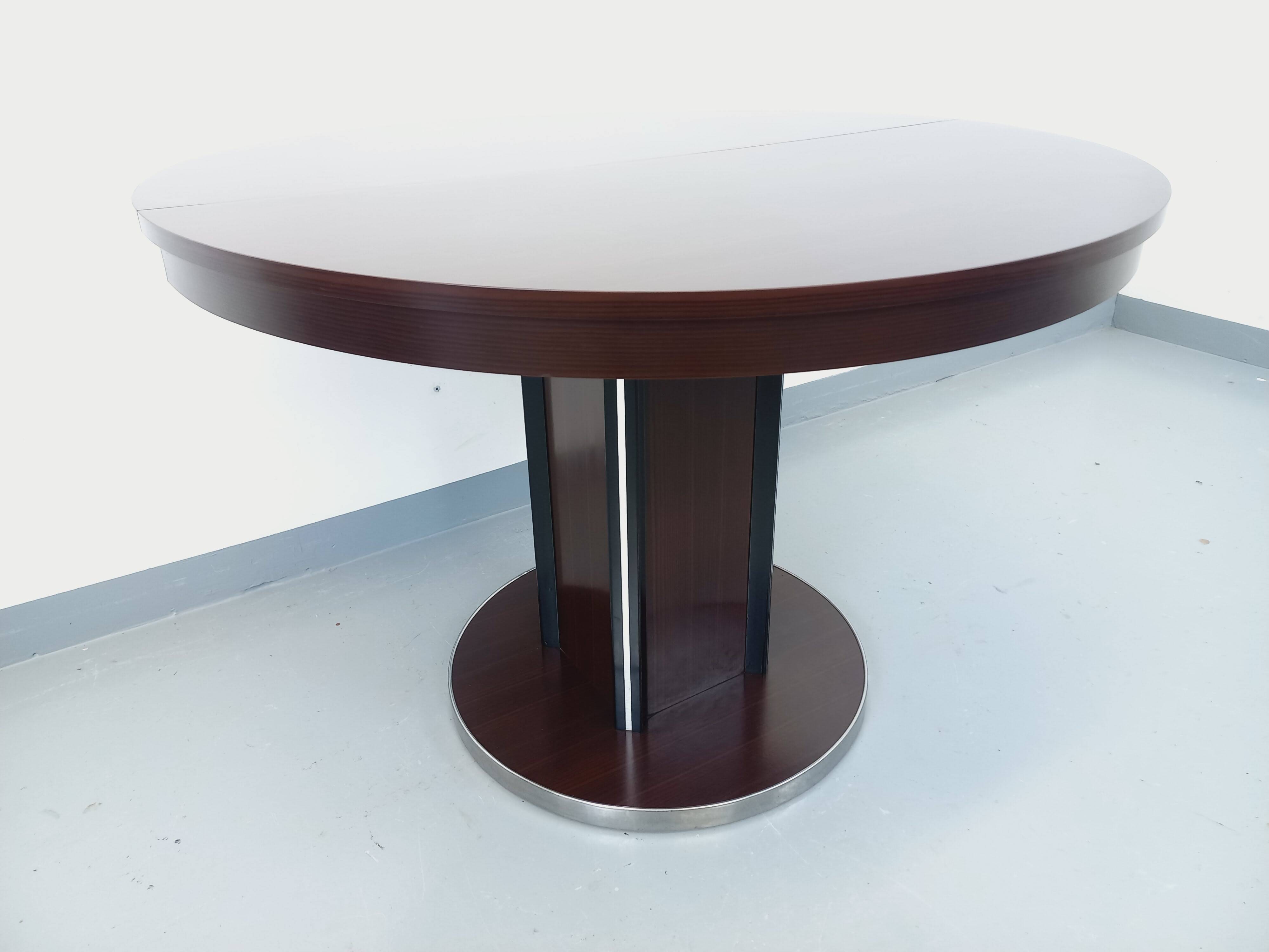 Table ronde de repas vintage en bois d’ébène et métal chromé Space Age