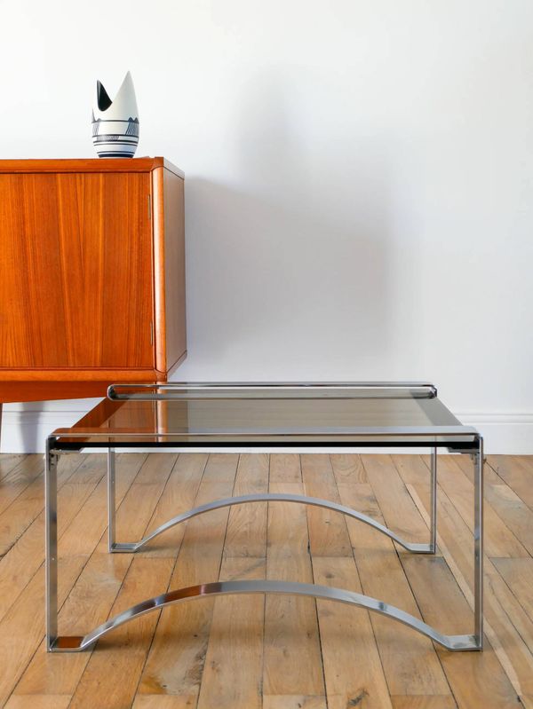 Table basse rectangulaire Space Age en chrome et verre fumé, pieds arqués, 1970