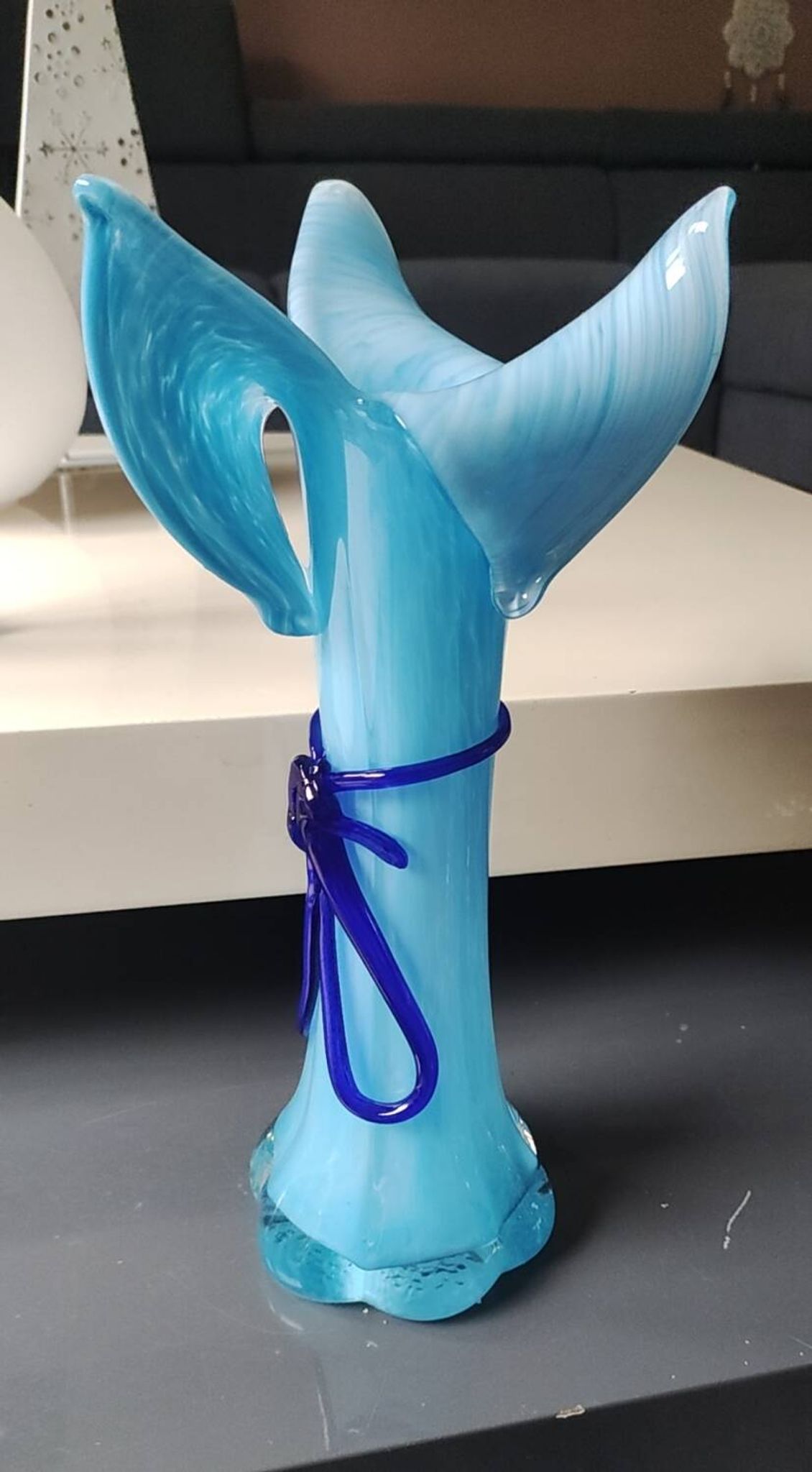 Large Murano Vase Floral Design, Opaline. Relief Ribbon Bow Decor