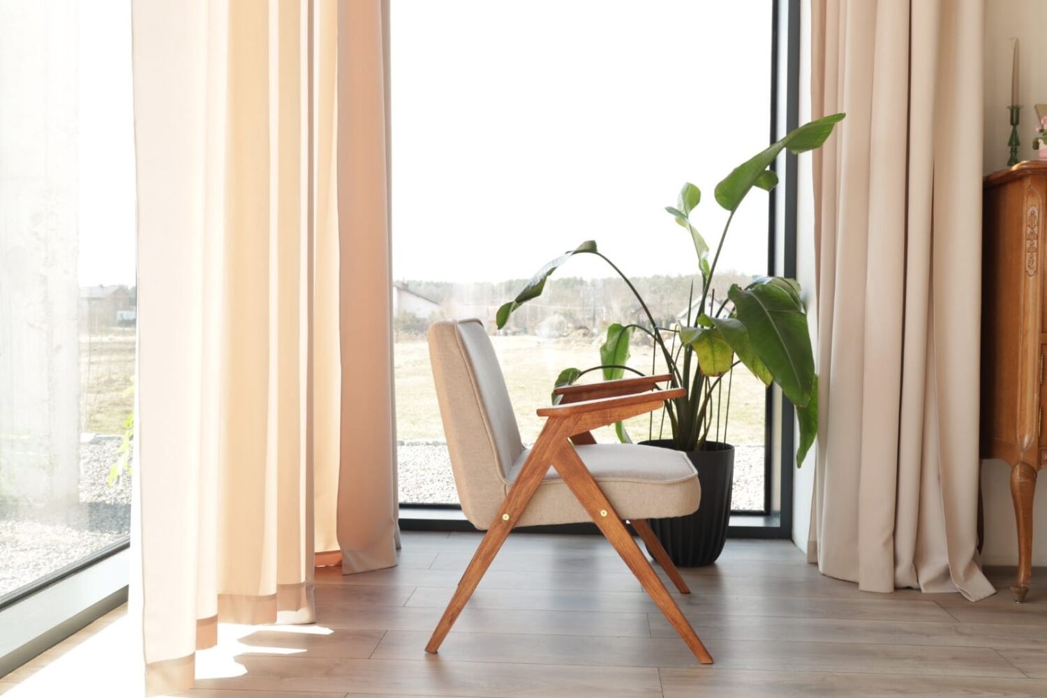 Vintage Lounge Chair Beige Wool Upholstery