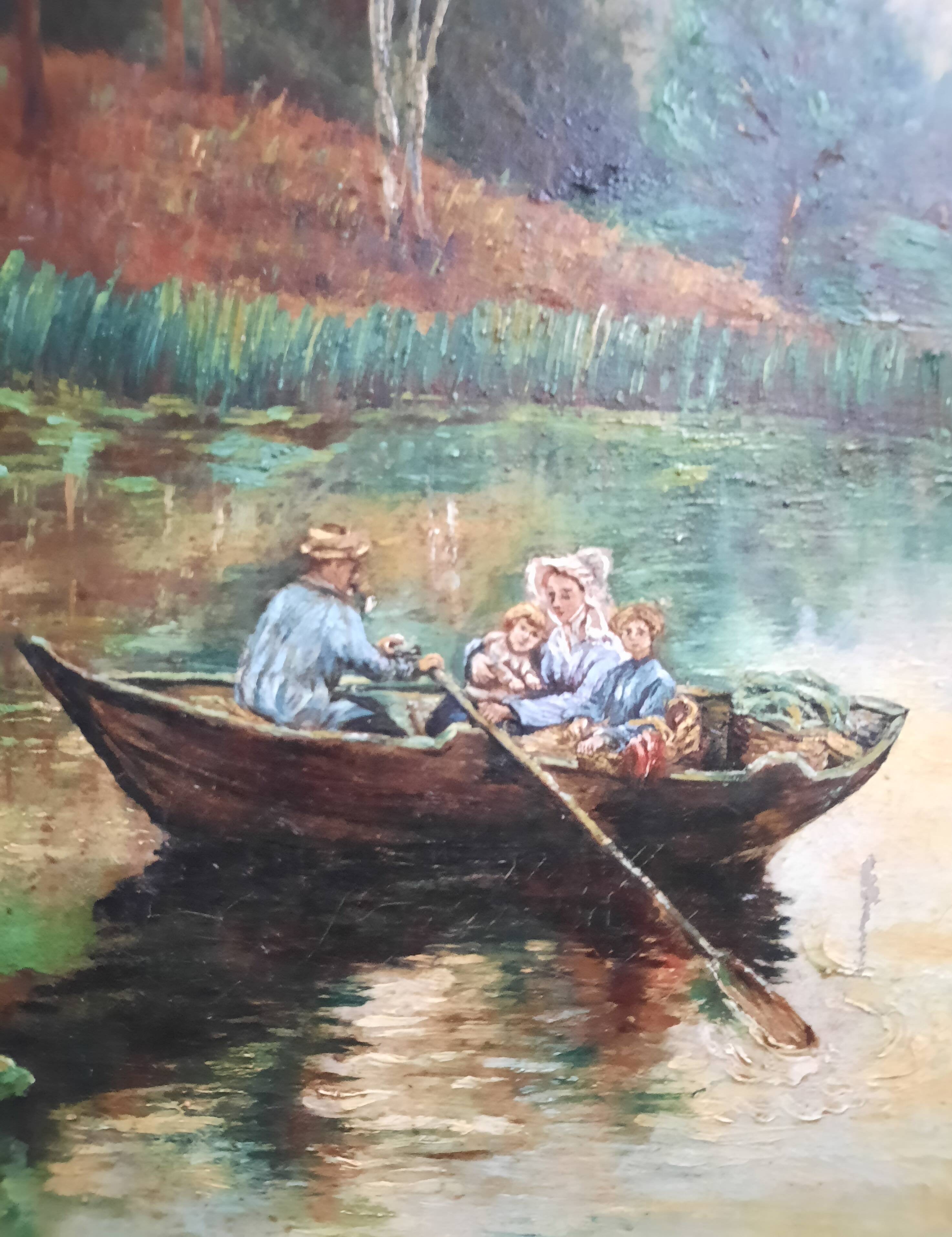 Huile sur toile "Promenade en barque"