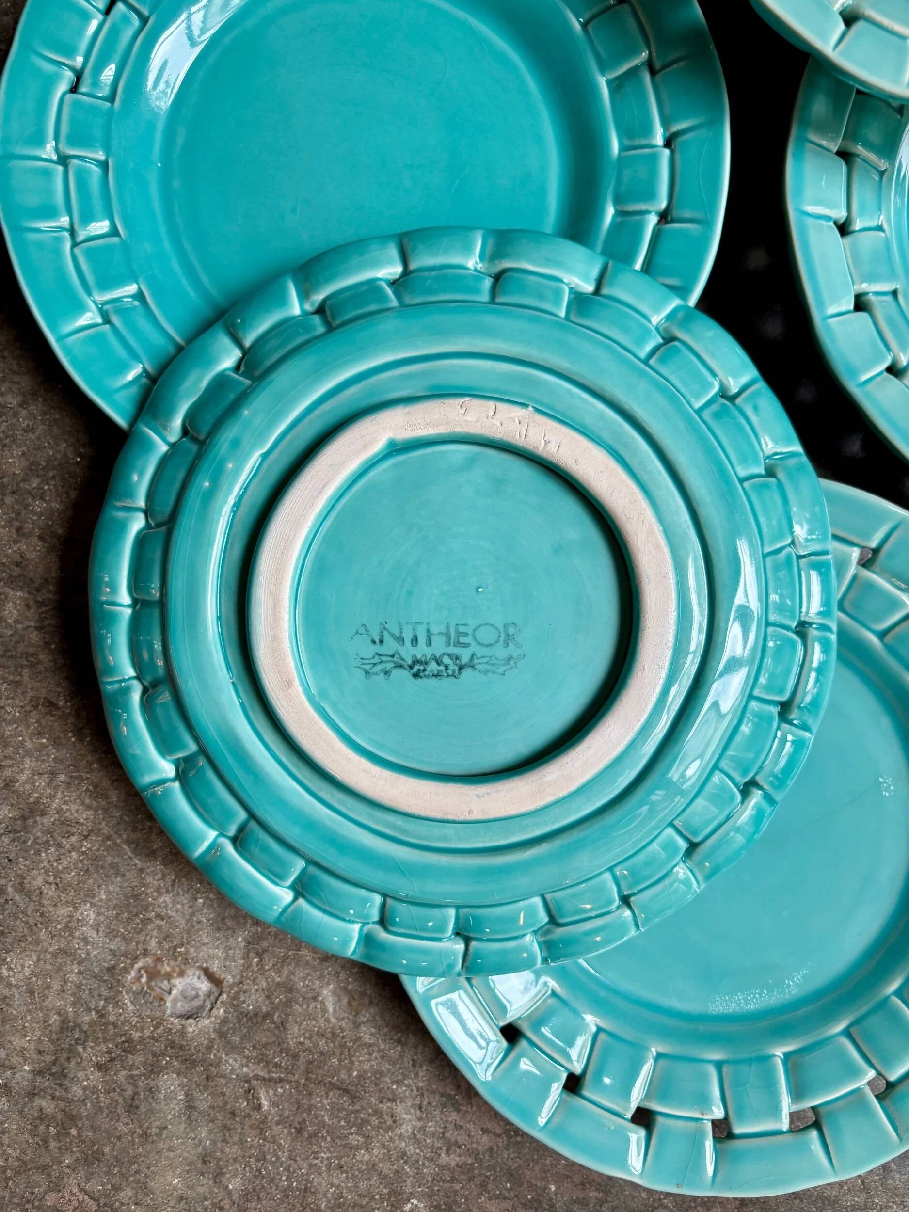 6 turquoise woven ceramic dessert plates
