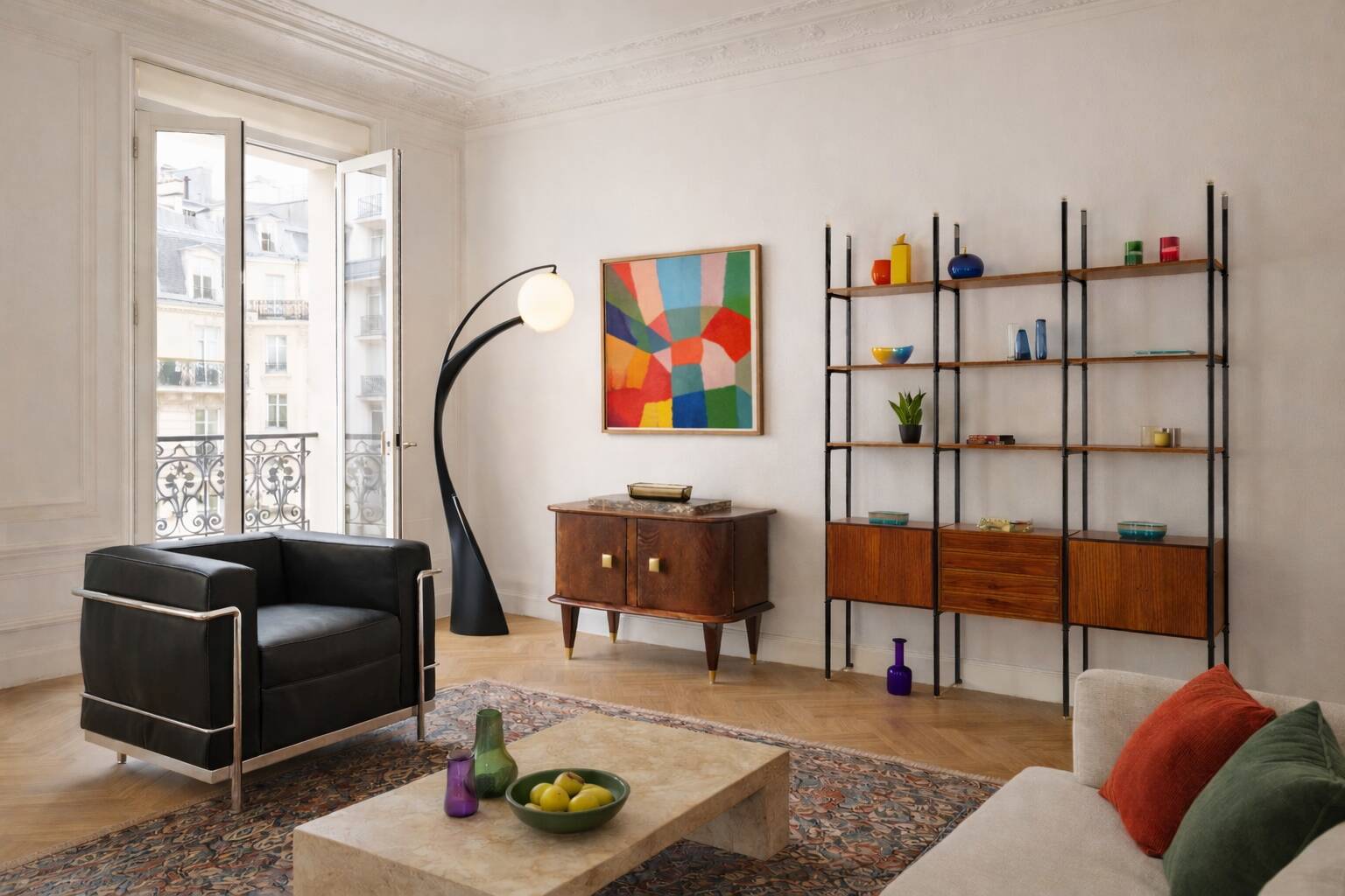 Small vintage 1950s wooden buffet with marble top and tapered legs.