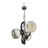 Vintage chandelier in chromed metal and wood with 3 Murano glass globes