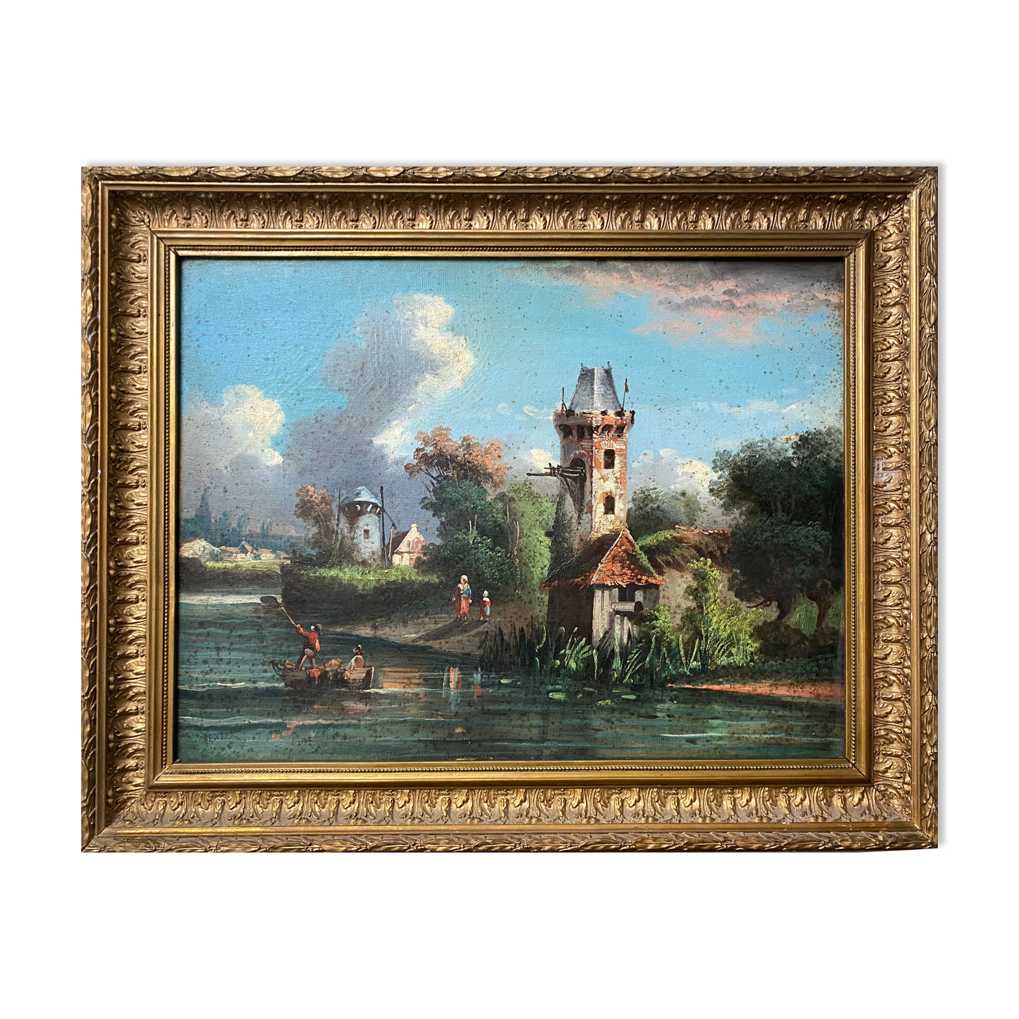 HST painting "Landscape with towns and fishermen" signed Texier + frame XIX°