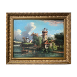 Tableau HST "Paysage aux vilage et pêcheurs" signé Texier + cadre XIX°